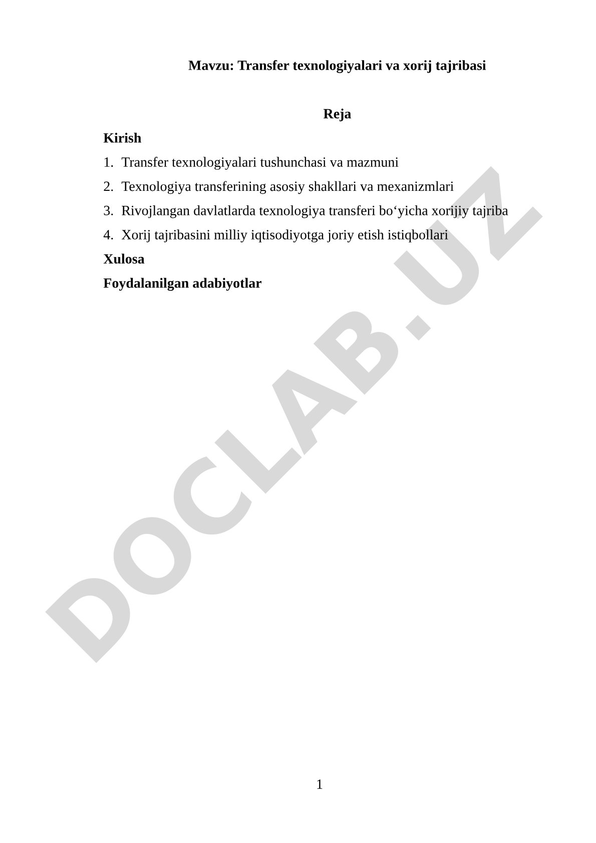 Transfer texnologiyalari va xorij tajribasi