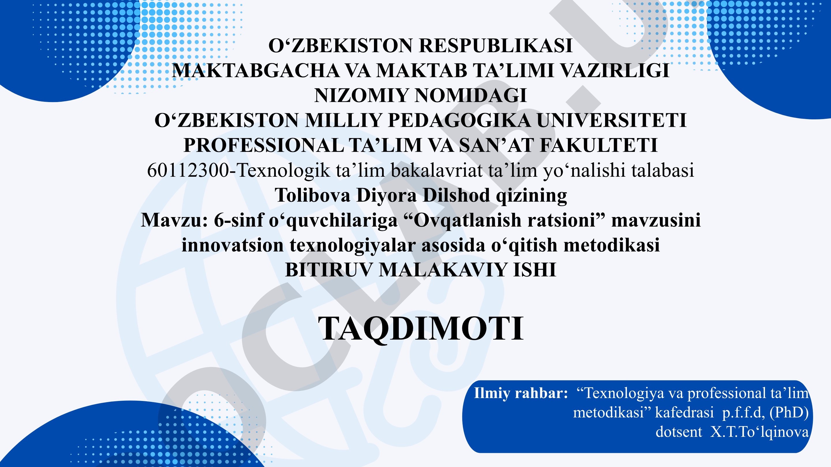 6-sinf oʻquvchilariga “Ovqatlanish ratsioni” mavzusini innovatsion texnologiyalar asosida o‘qitish metodikasi