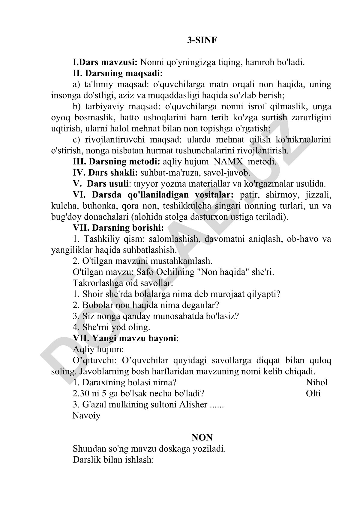 Non haqida dars ishlanmasi