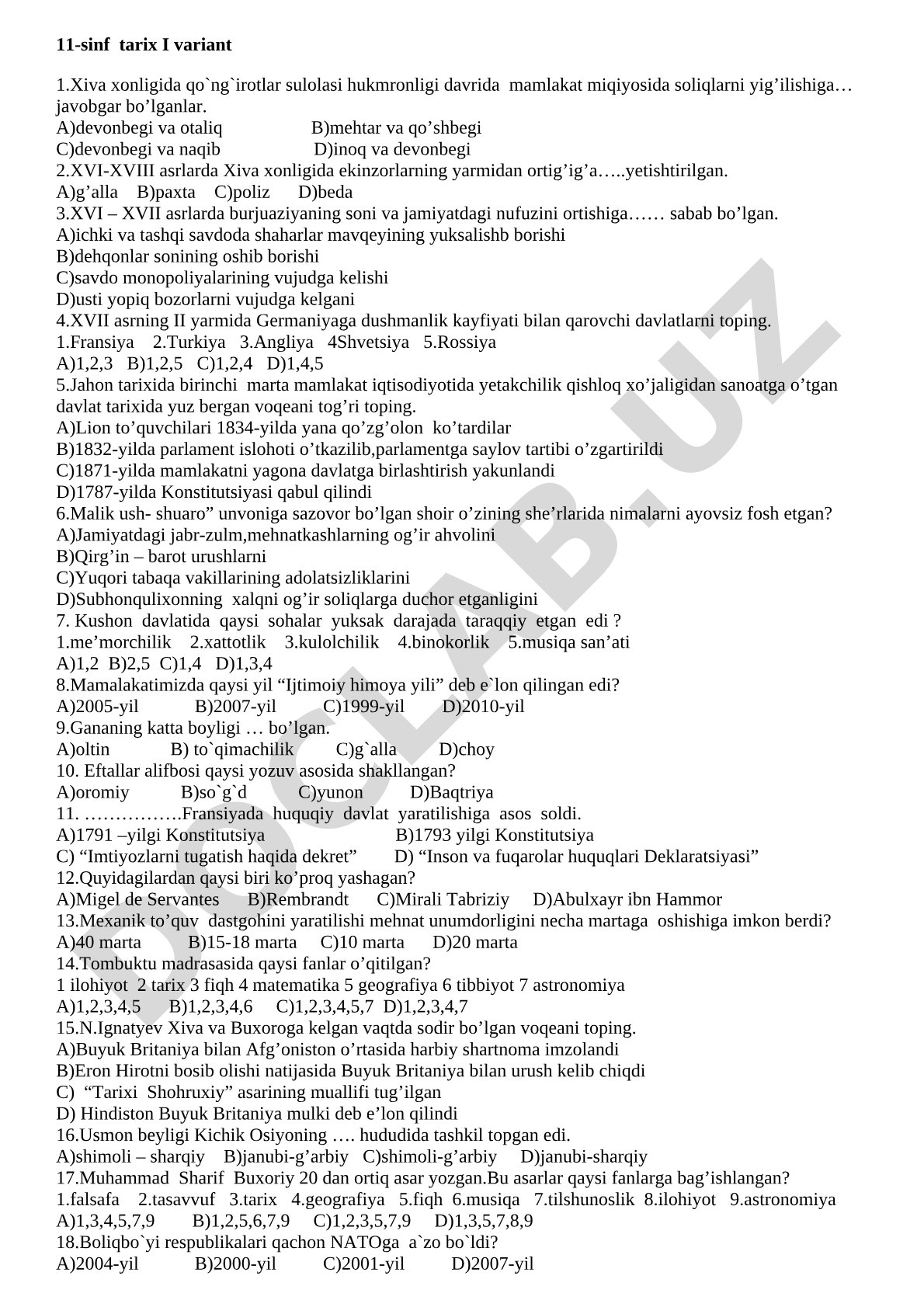 11-sinf tarix I variant test savollari