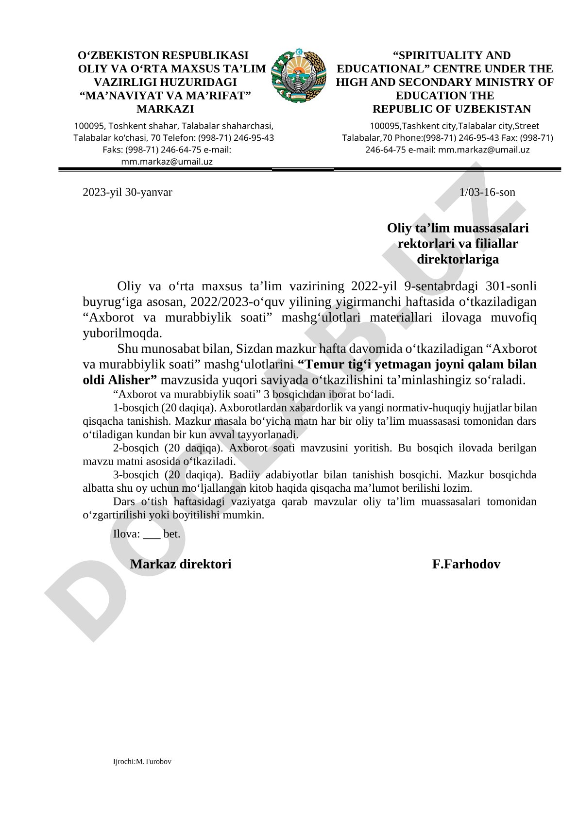 Axborot va Murabbiylik Soati Materiallari
