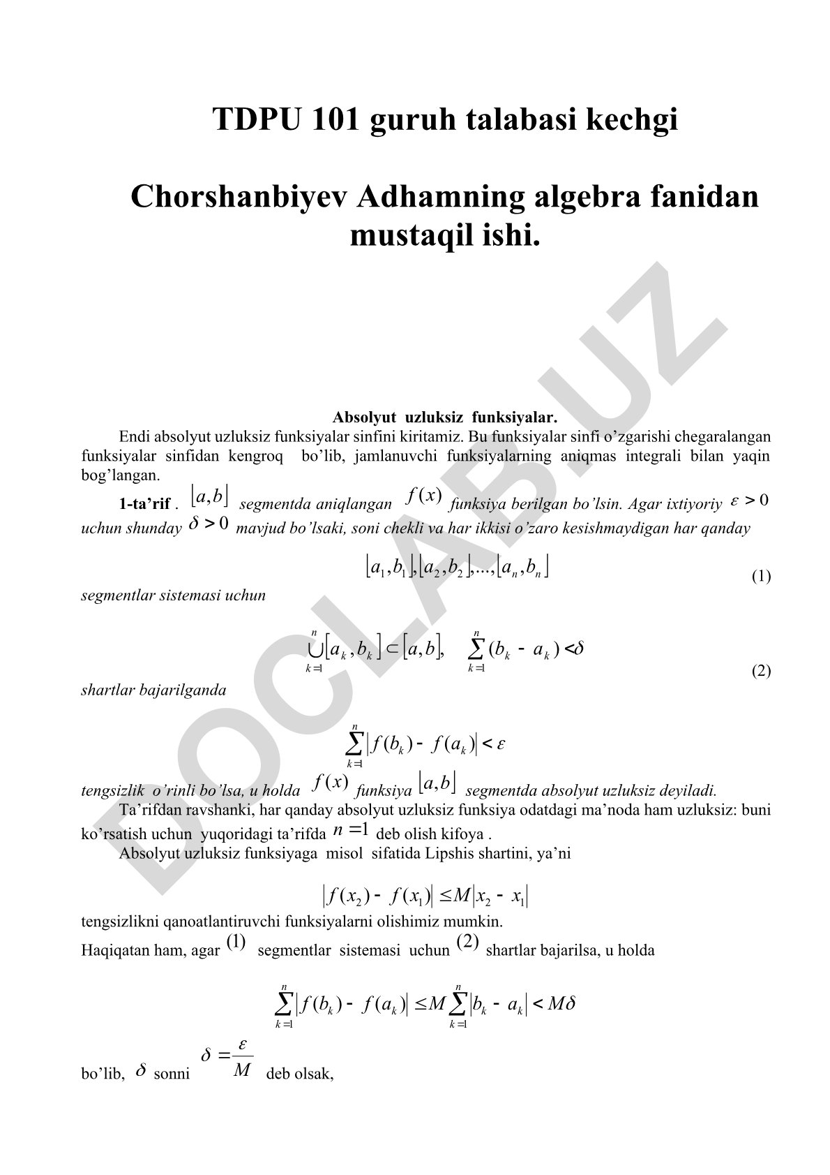 Absolyut uzluksiz funksiyalar