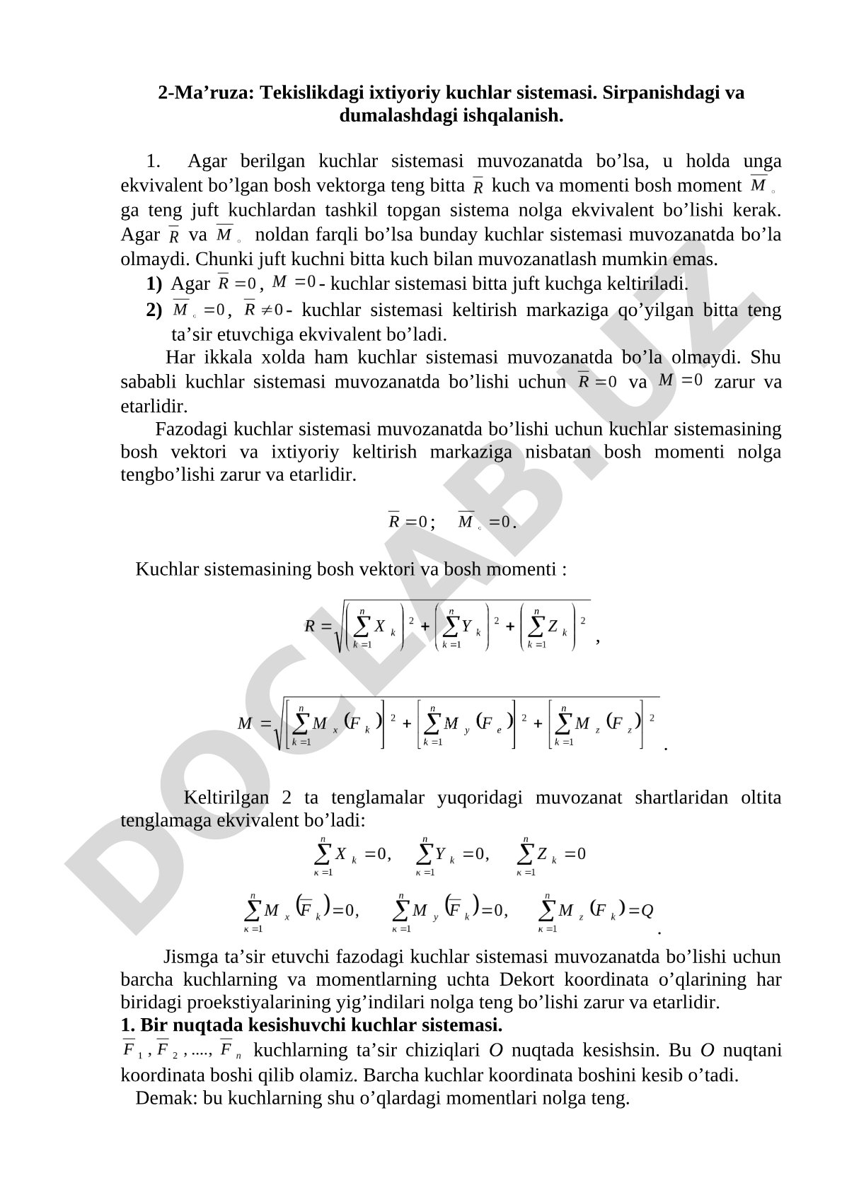 Tekislikdagi Kuchlar Sistemasi Muvozanati
