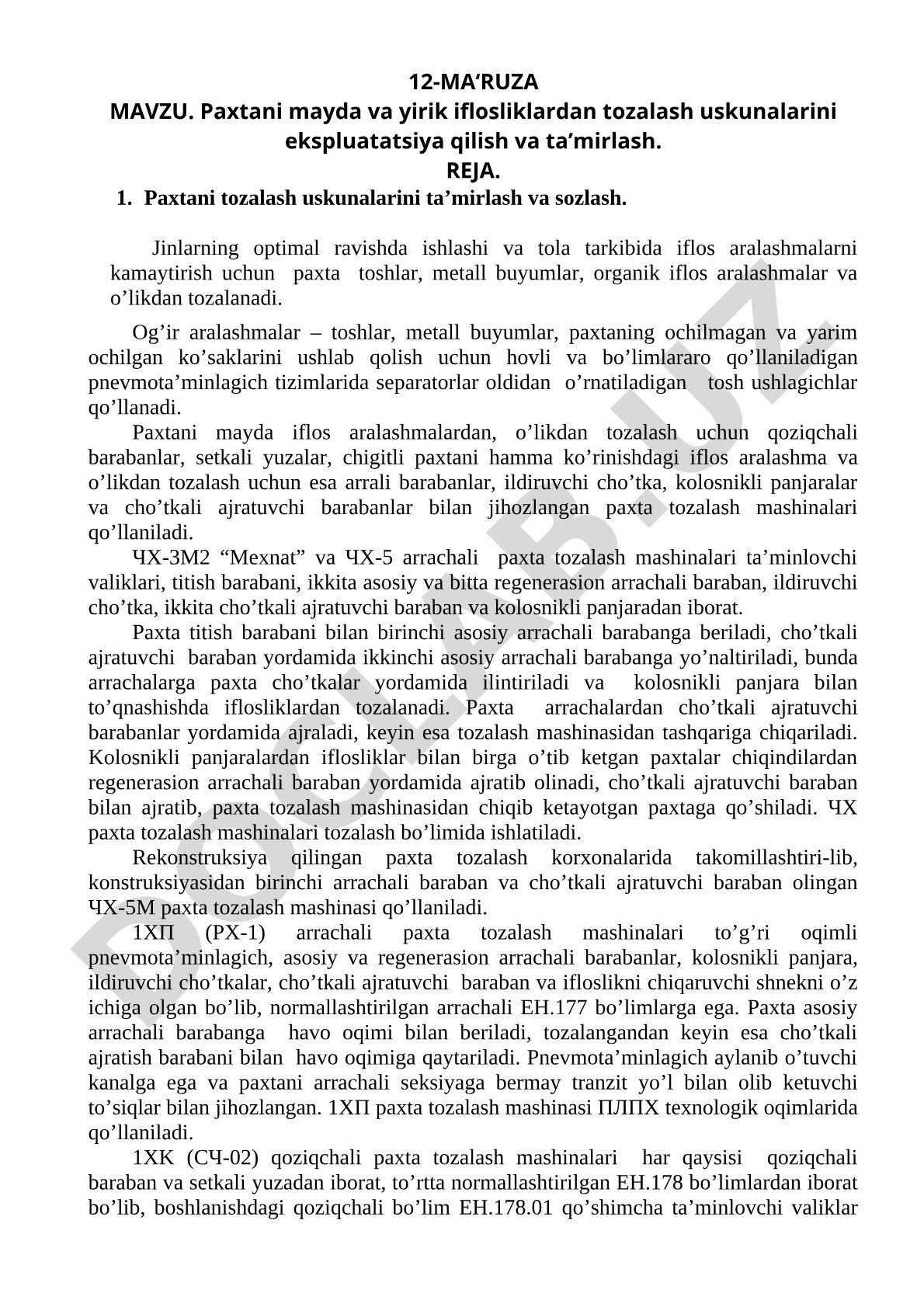Paxta Tozalash Uskunalari Ma'ruzasi