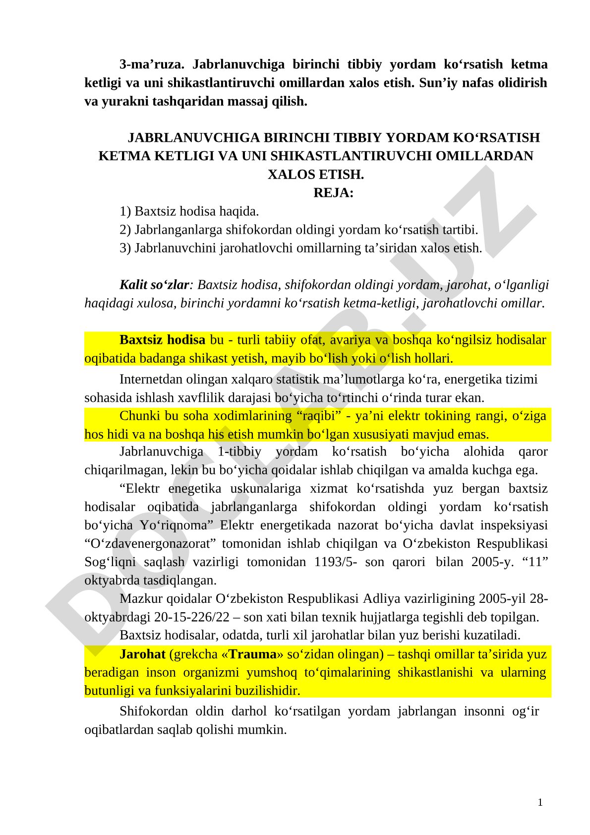 Birinchi Tibbiy Yordam Ma'ruzasi