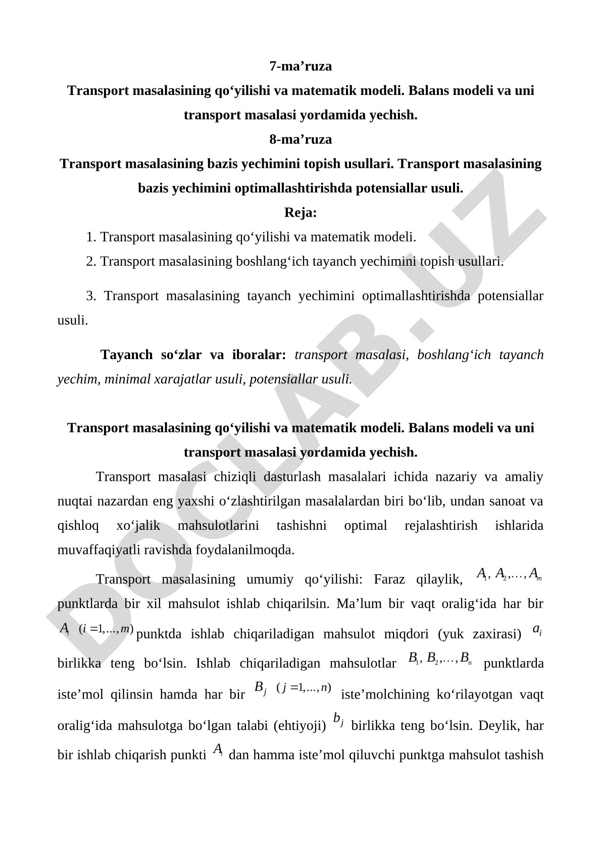 Transport Masalasi Ma'ruzalari