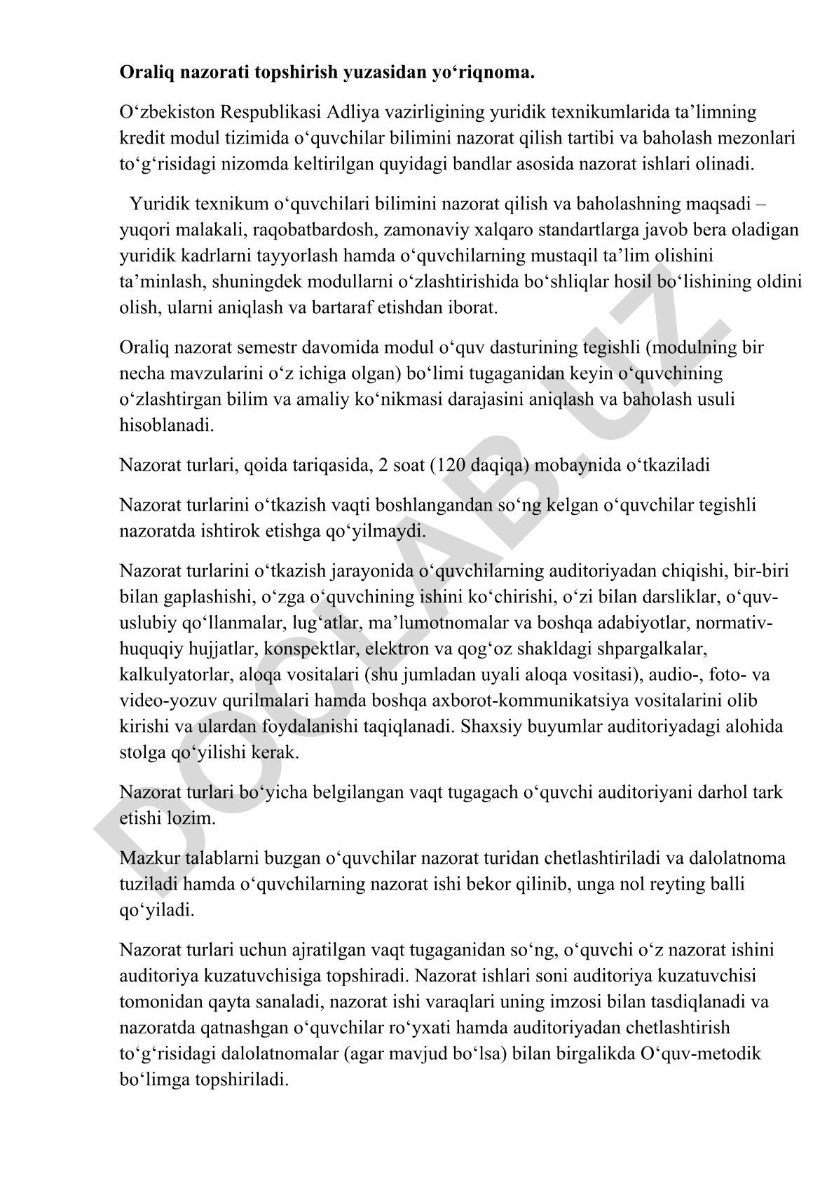 Yuridik texnikumlarda oralıq nazorat topshirish tartibi