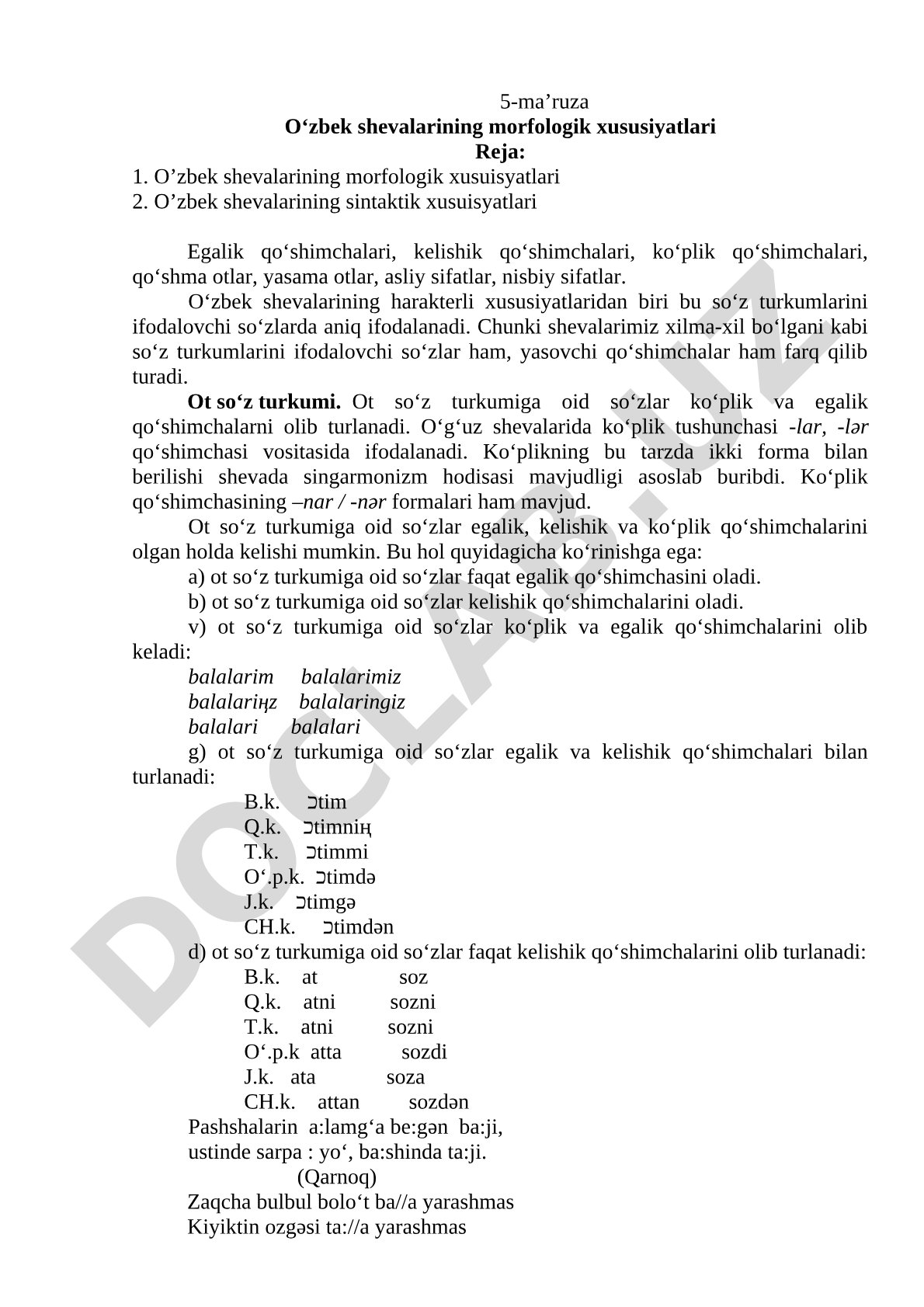 O'zbek Shevalari Morfologiyasi Ma'ruzasi