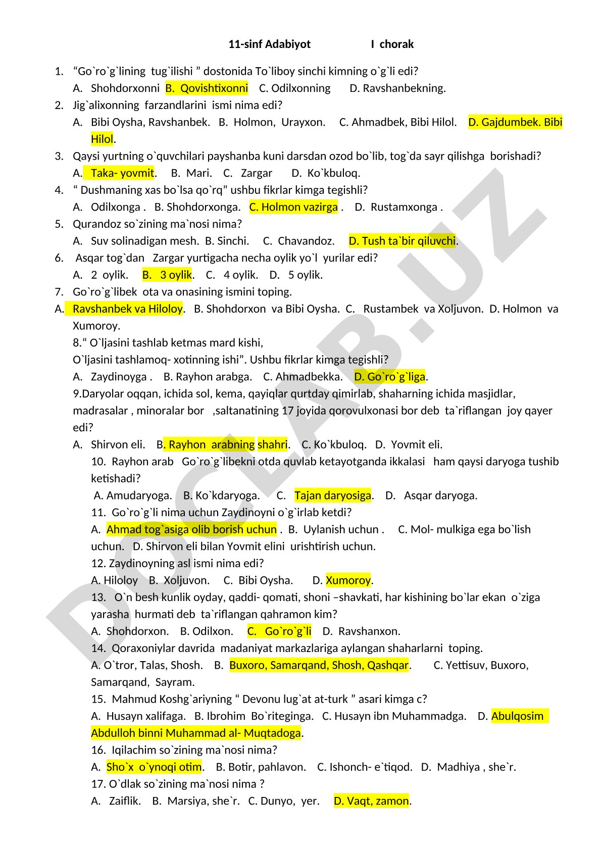 Go'ro'g'lining tug'ilishi dostoni bo'yicha test savollari