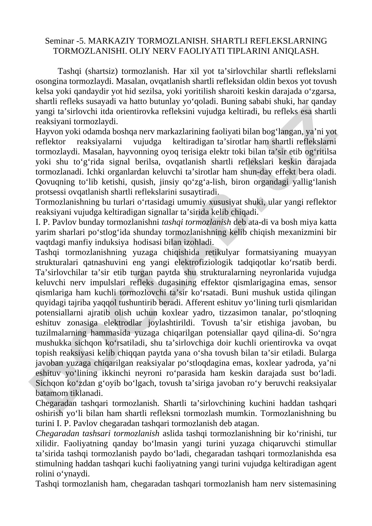 Seminar 5: Markaziy tormozlanish va nerv faoliyati
