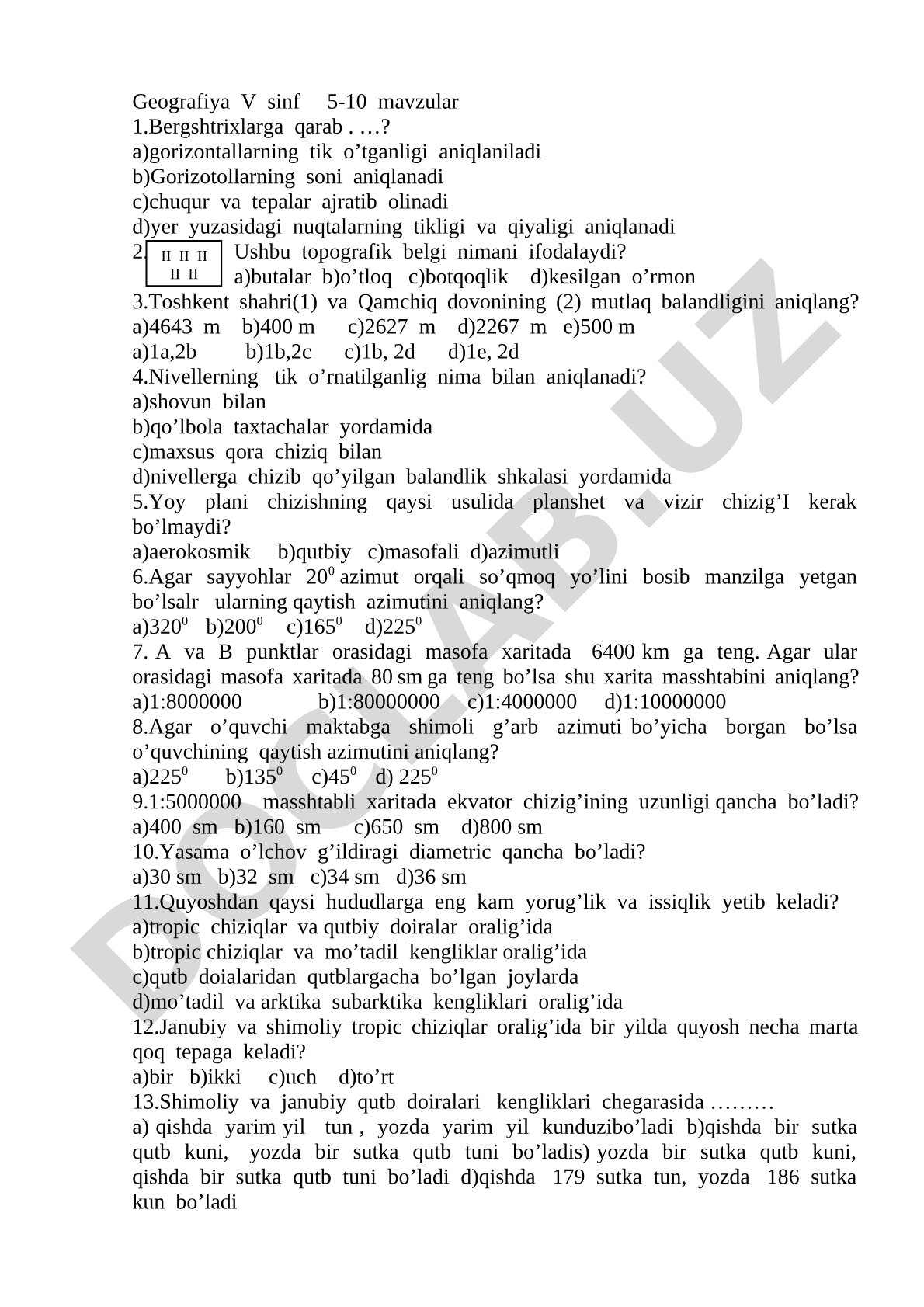 Geografiya V sinf 5-10 mavzular test savollari
