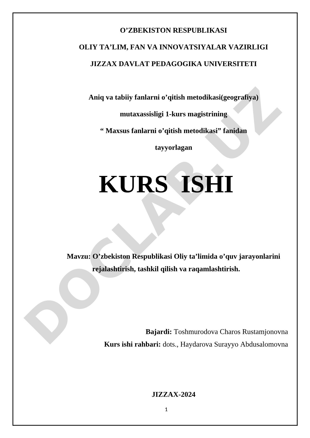 O’zbekiston Respublikasi Oliy ta’limida o’quv jarayonlarini rejalashtirish, tashkil qilish va raqamlashtirish