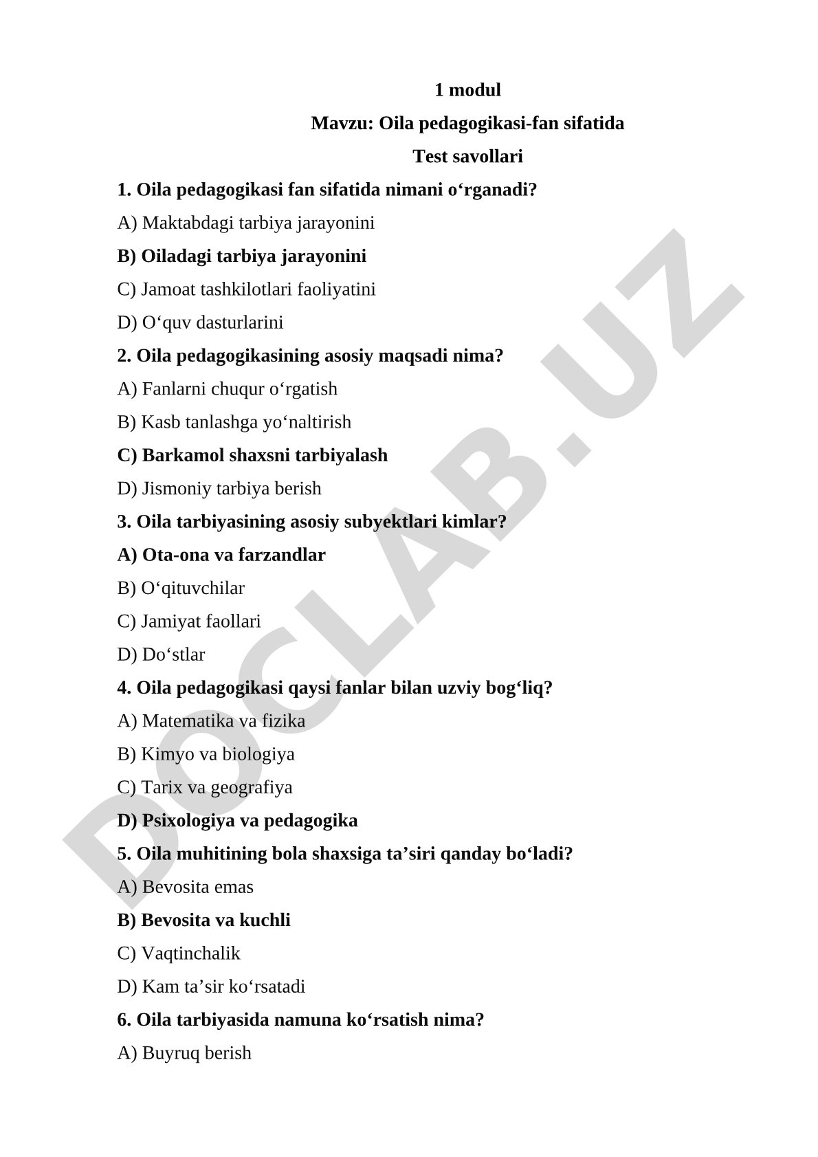 Oila pedagogikasi fan sifatida test savollari