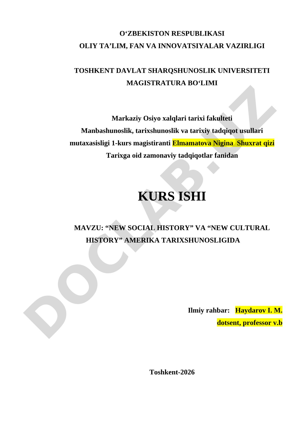 New Social History va New Cultural History Amerika tarixshunosligida