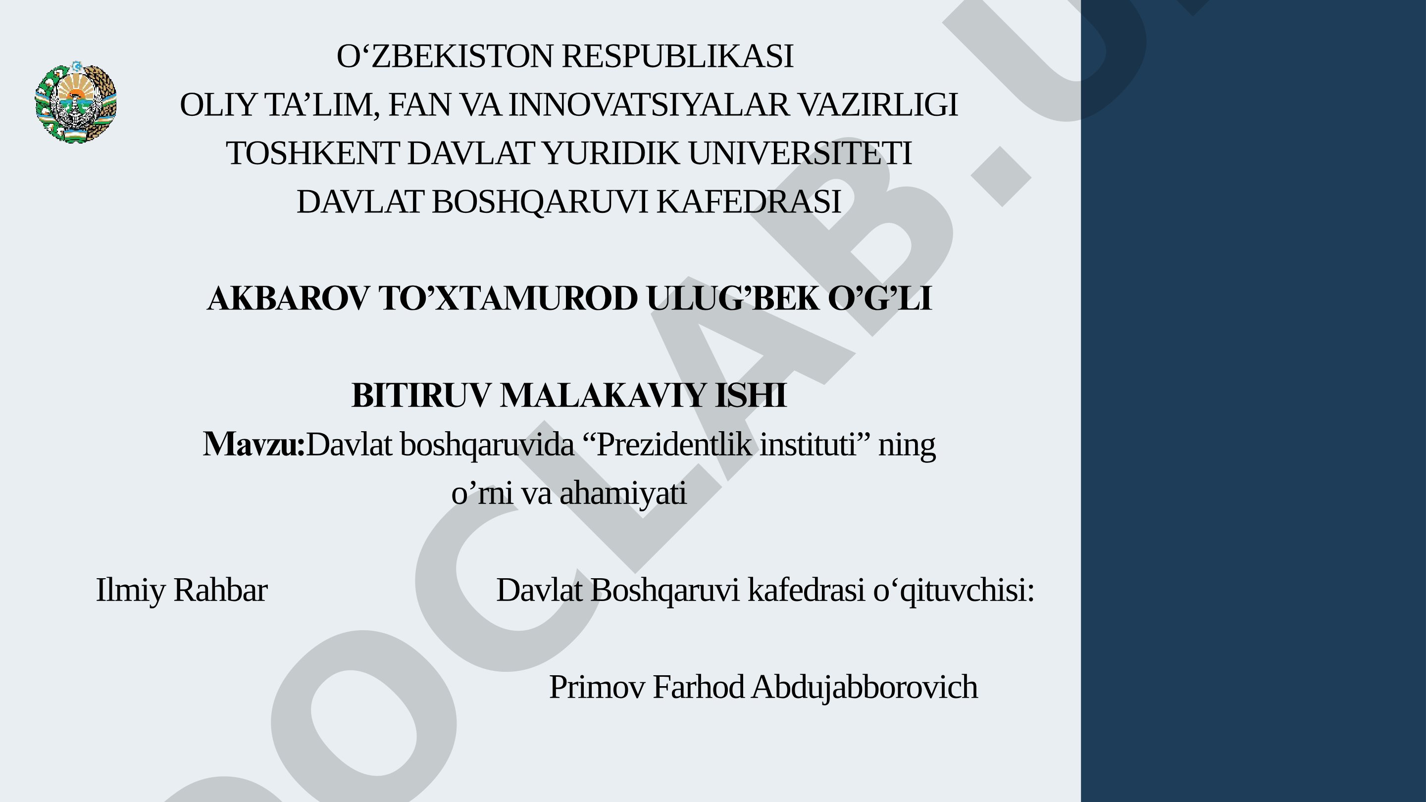 Davlat boshqaruvida Prezidentlik institutining o'rni va ahamiyati