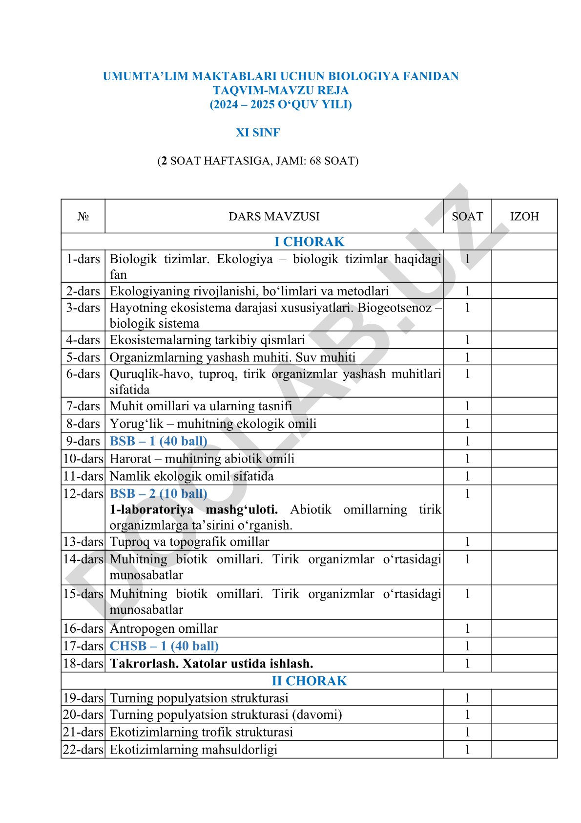 Umumta’lim maktablari uchun biologiya fanidan taqvim-mavzu reja (2024–2025 o‘quv yili) XI sinf