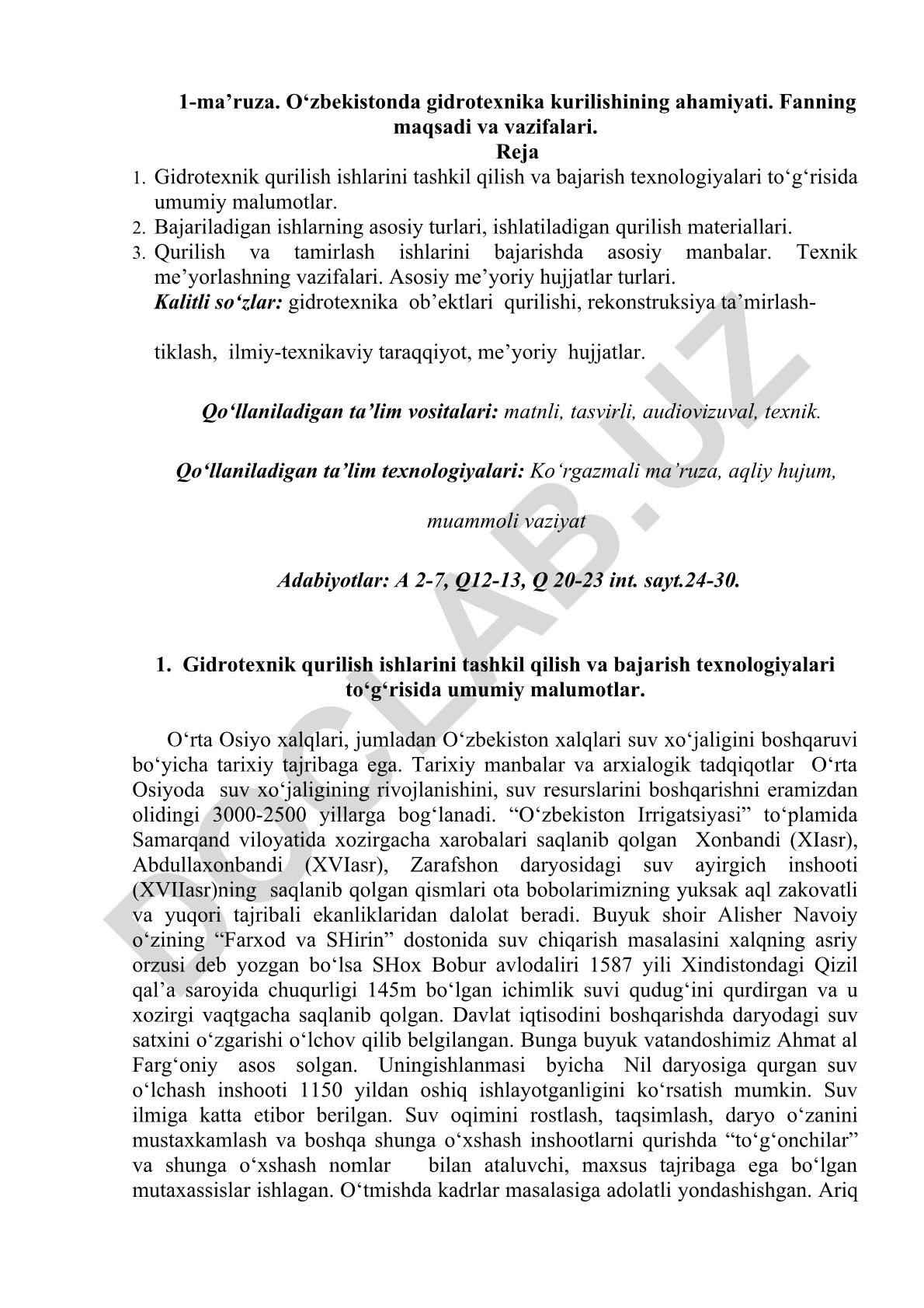 O‘zbekistonda gidrotexnika qurilishining ahamiyati va texnologiyalari