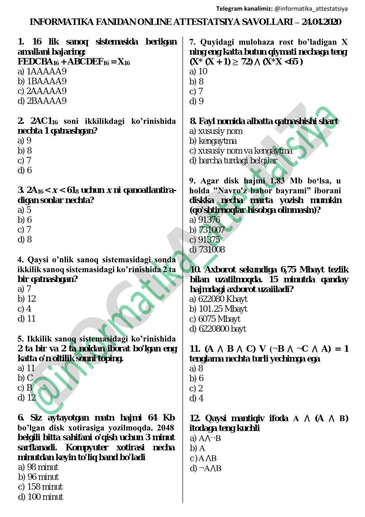 Informatika fanidan online attestatsiya savollari – 24.04.2020