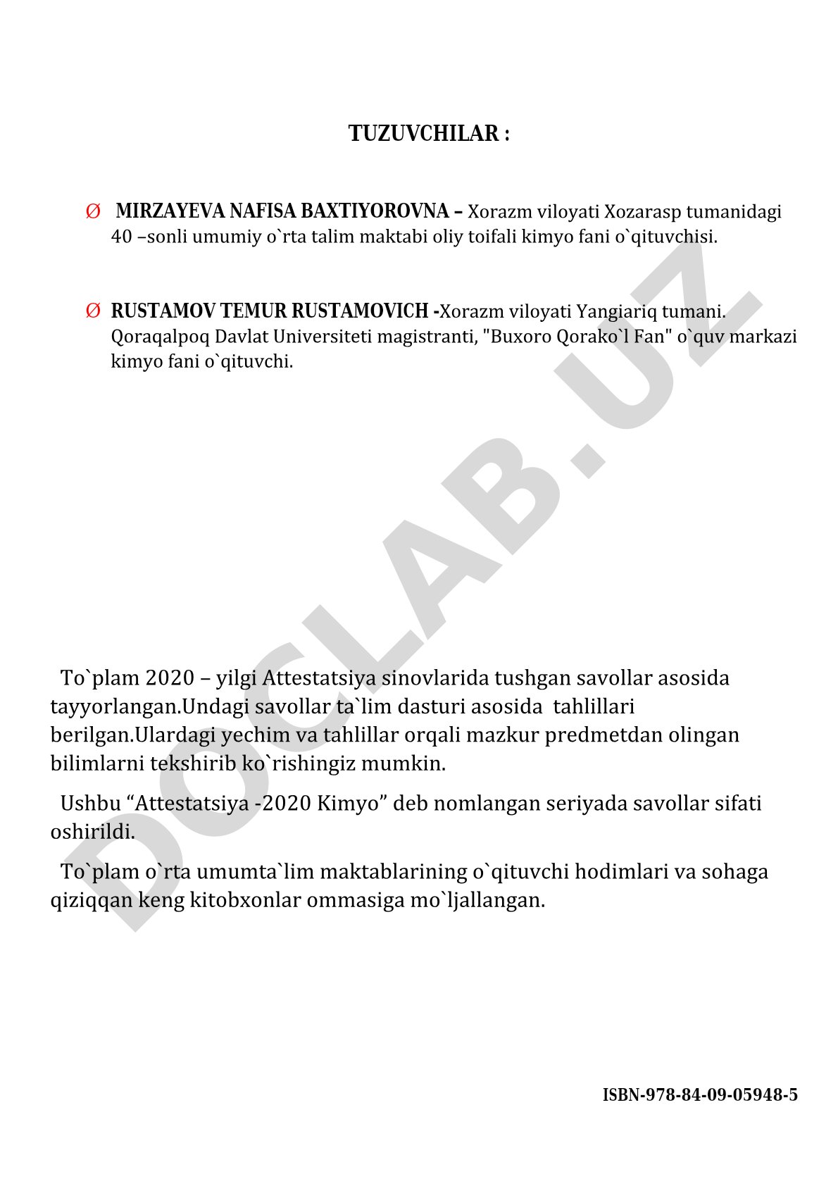 Attestatsiya -2020 Kimyo savollari to'plami