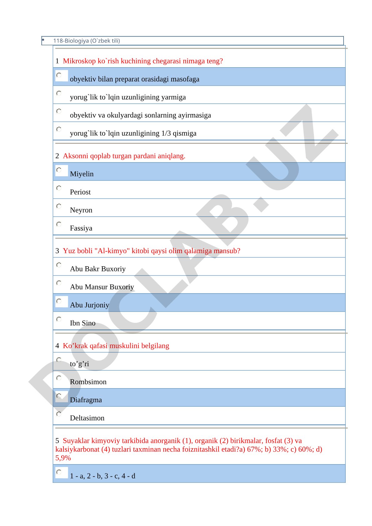Biologiya test savollari