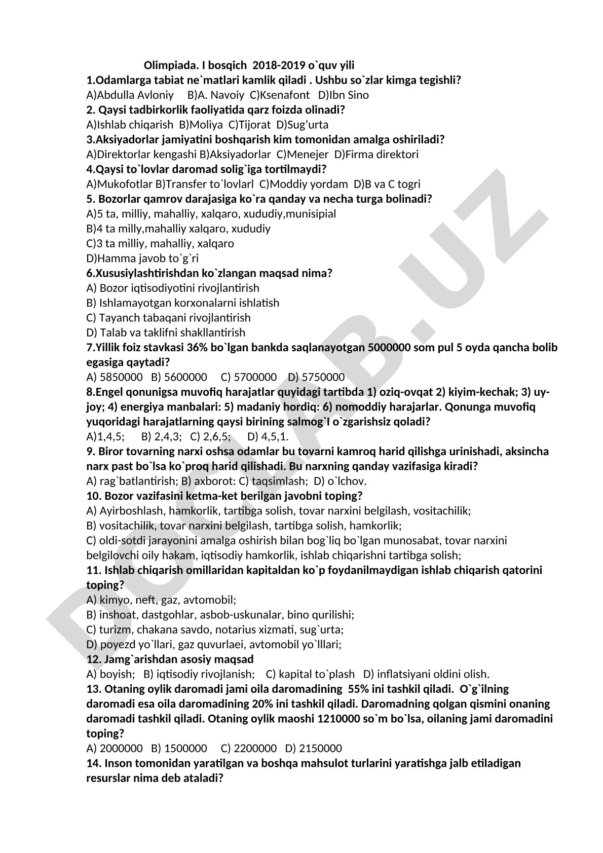 Olimpiada I bosqich 2018-2019 o'quv yili test savollari