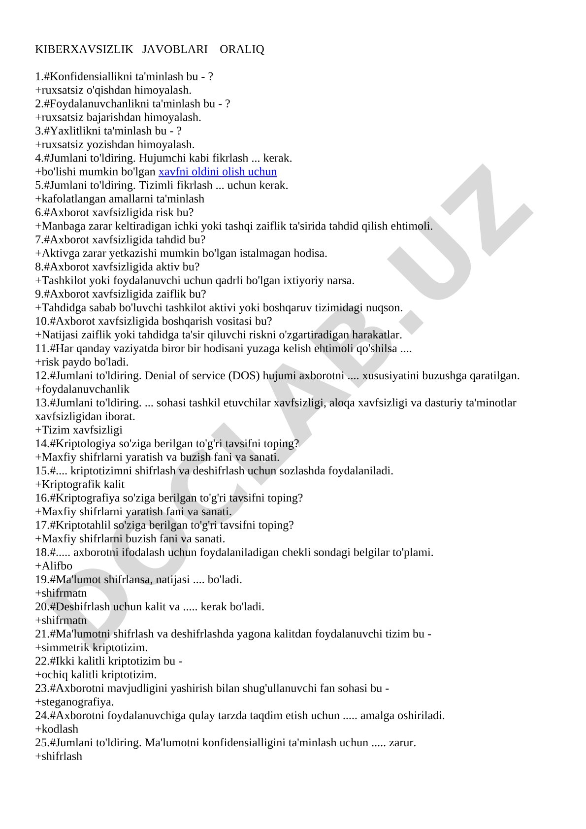 Kiberxavfsizlik javoblari oraliq 1