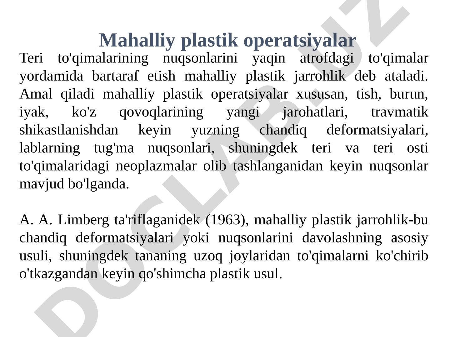 Mahalliy plastik jarrohlik usullari va tug'ma nuqsonlar tasnifi