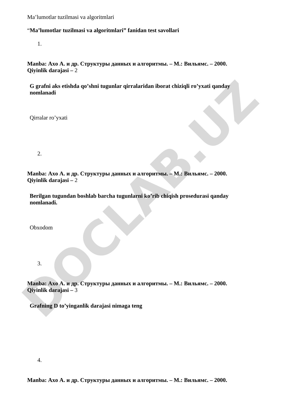Ma'lumotlar tuzilmasi va algoritmlari fanidan test savollari