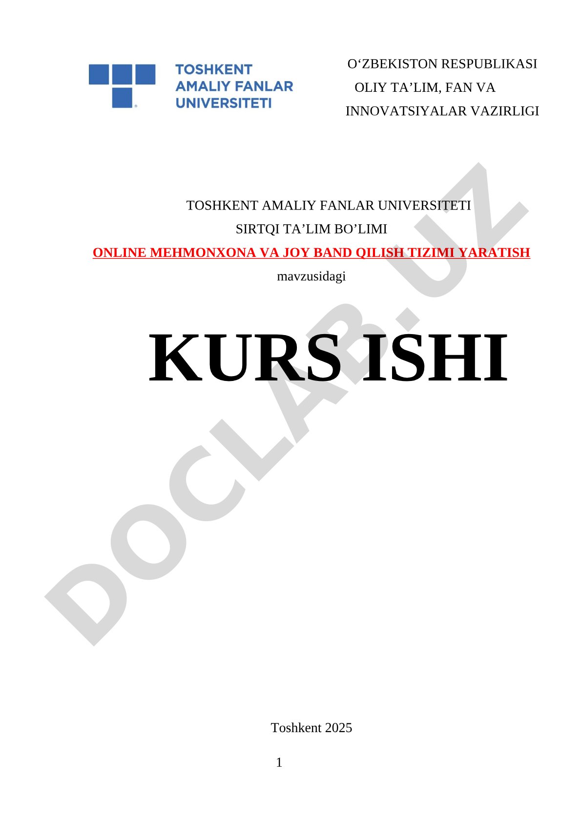 Online mehmonxona va joy band qilish tizimi yaratish