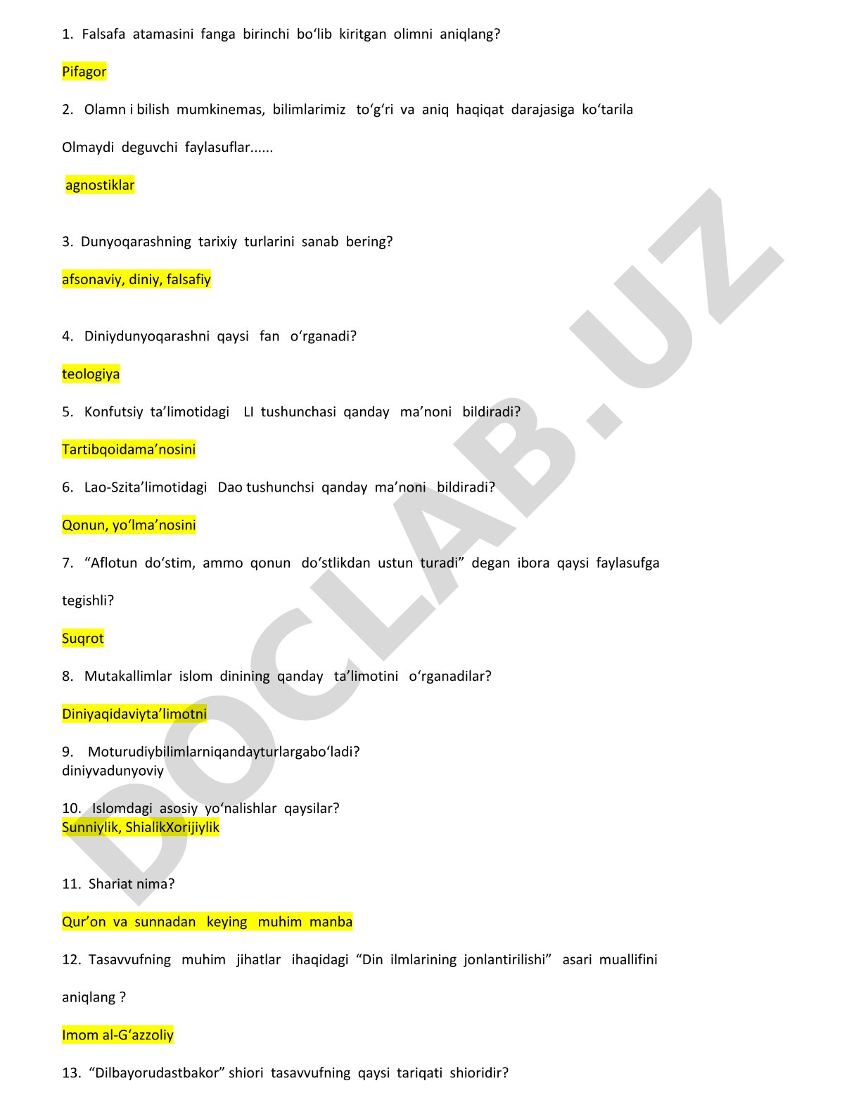 Falsafa fanidan test savollari
