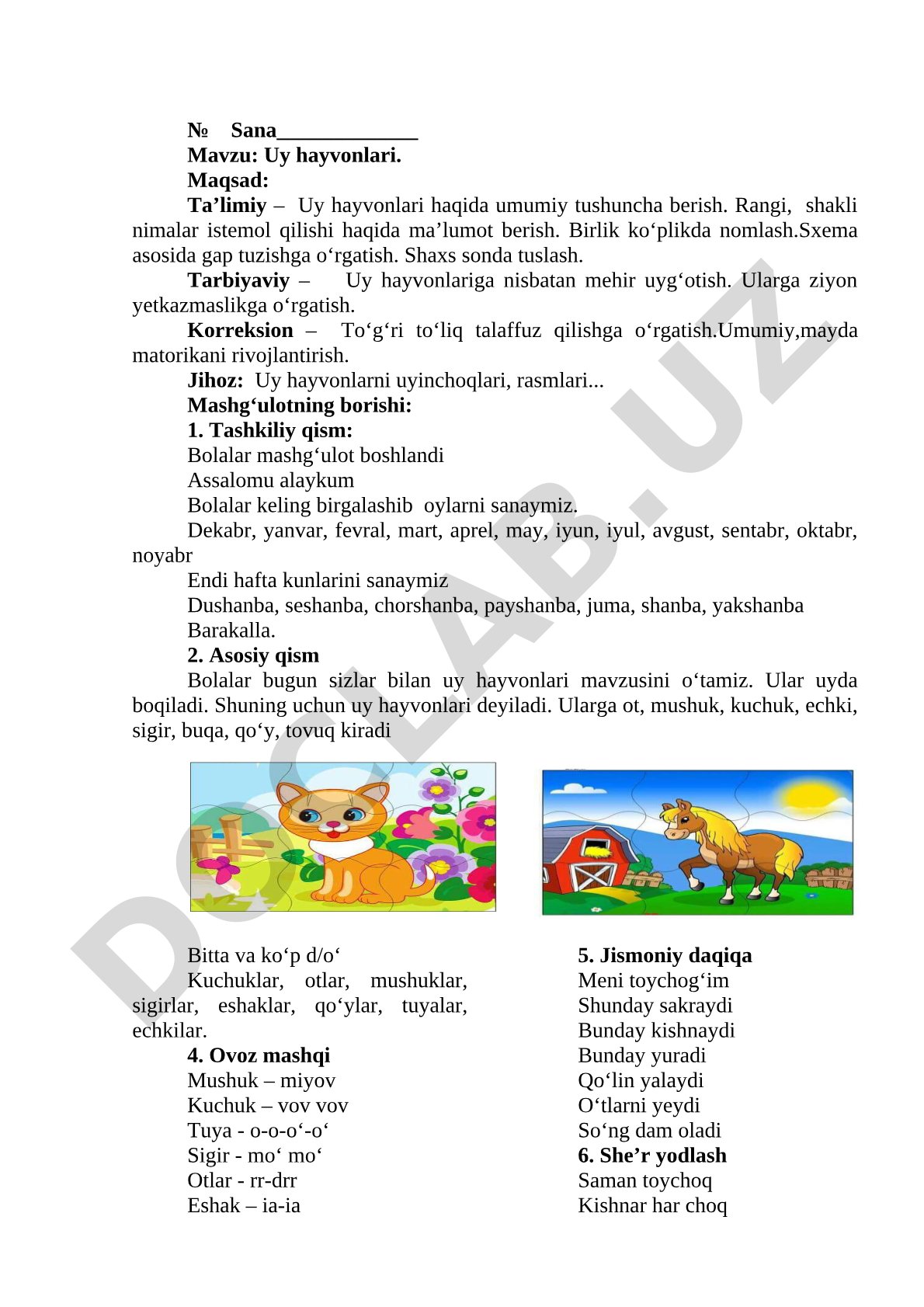 Uy Hayvonlari Dars Ishlanmasi