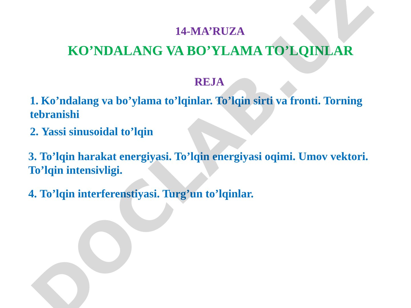 Fizika Ma'ruza Materiali: To'lqinlar
