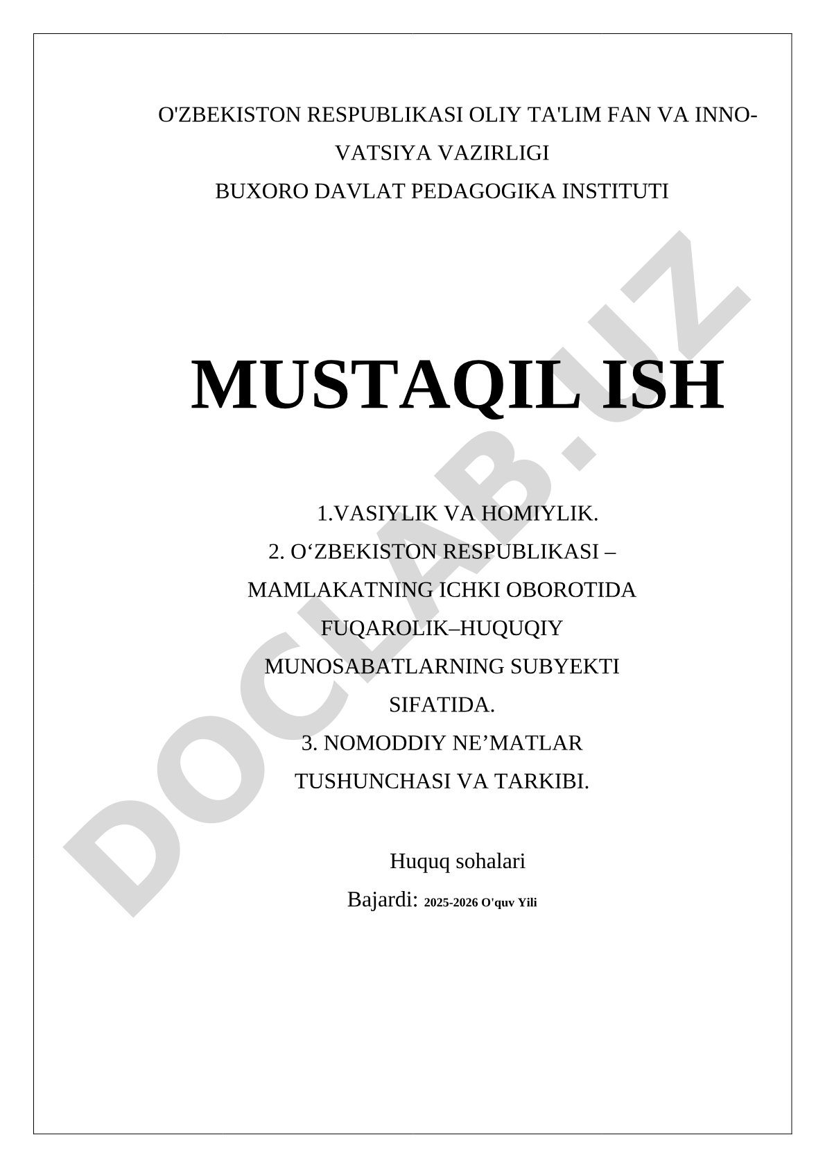 Huquqiy Munosabatlar Mustaqil Ishi