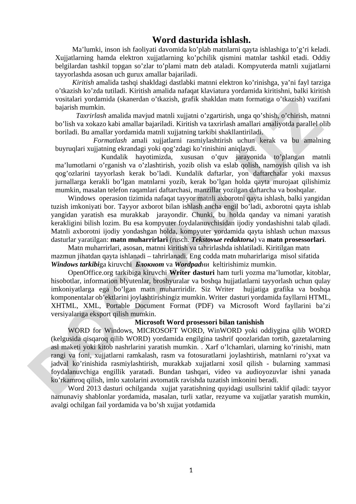Word dasturida ishlash qo'llanmasi