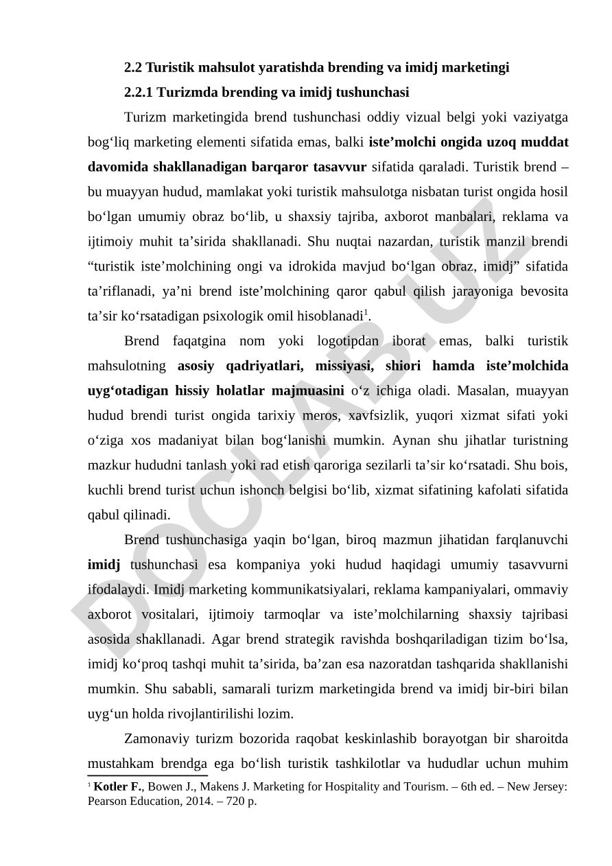 Turistik mahsulot yaratishda brending va imidj marketingi