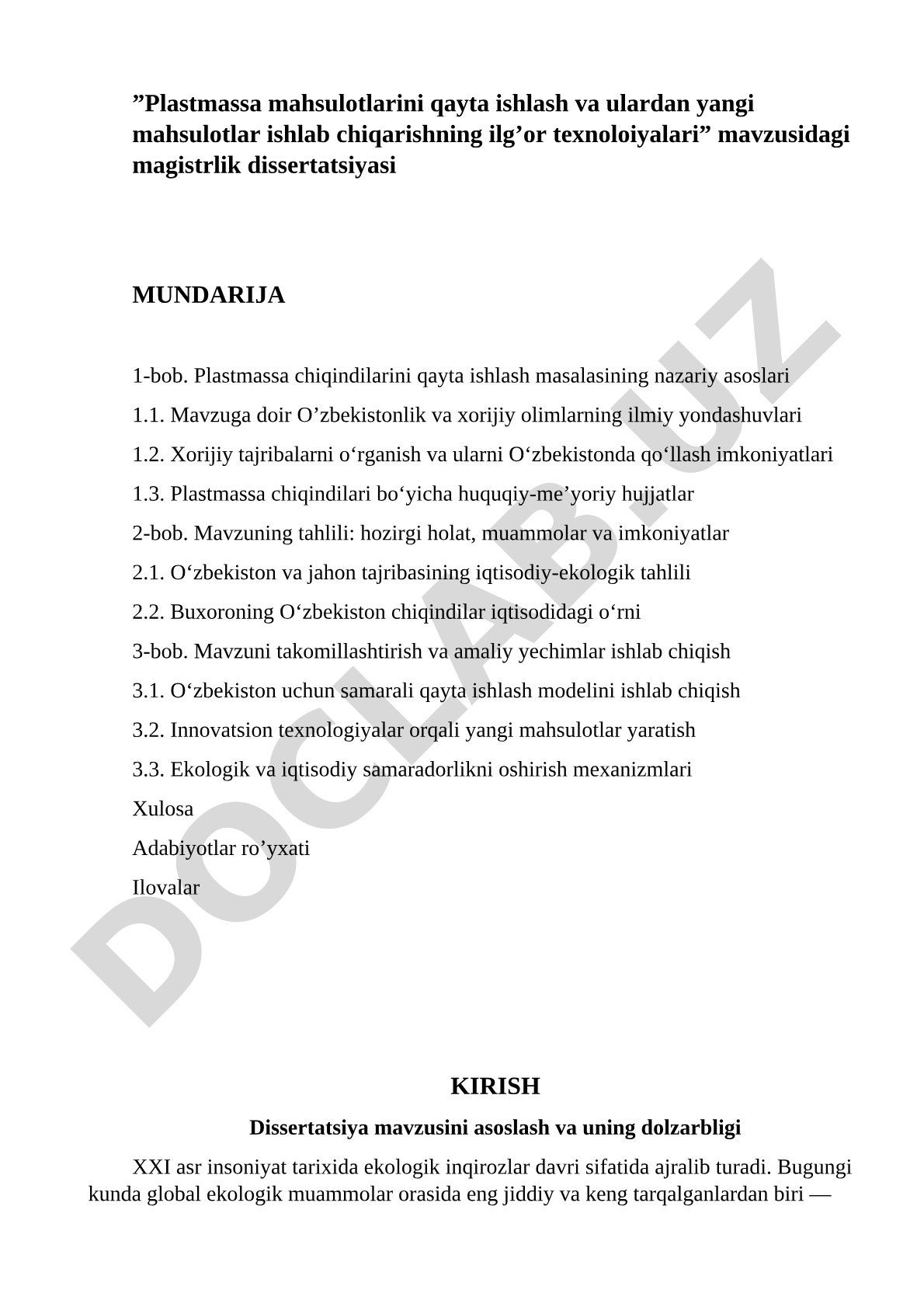 Plastmassa qayta ishlash texnologiyalari magistrlik dissertatsiyasi