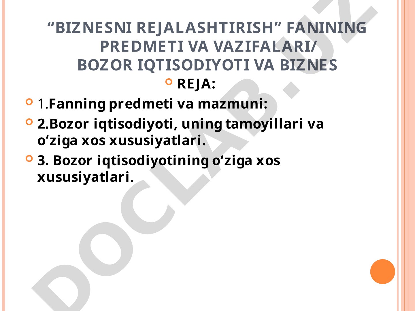 Biznesni Rejalashtirish Fanining Predmeti va Vazifalari