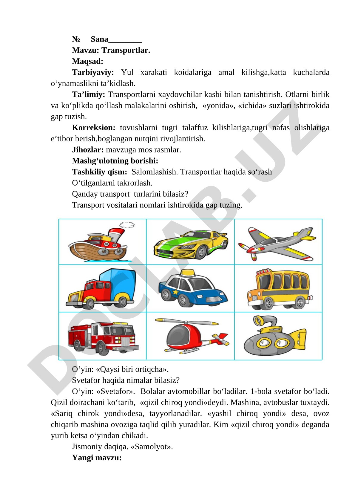 Transportlar haqida dars ishlanmasi
