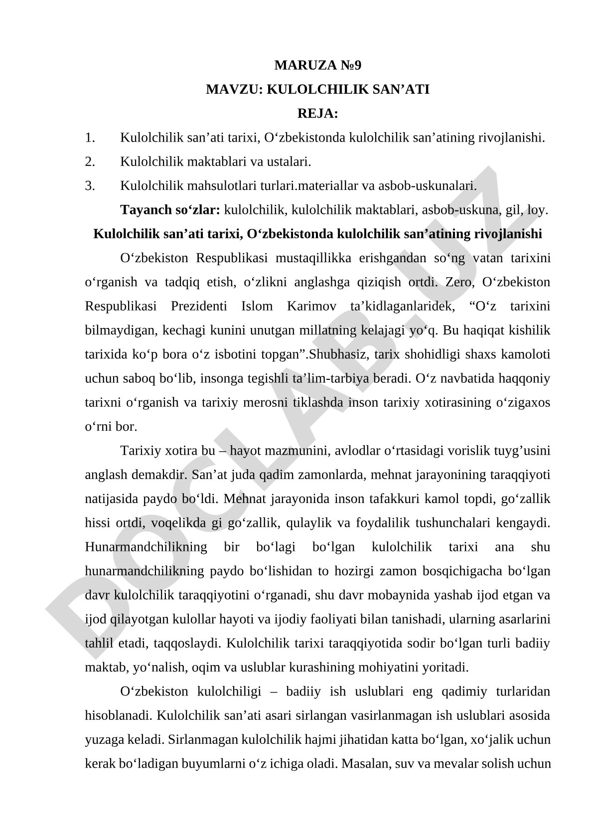 Kulolchilik San'ati Dars Ishlanmasi