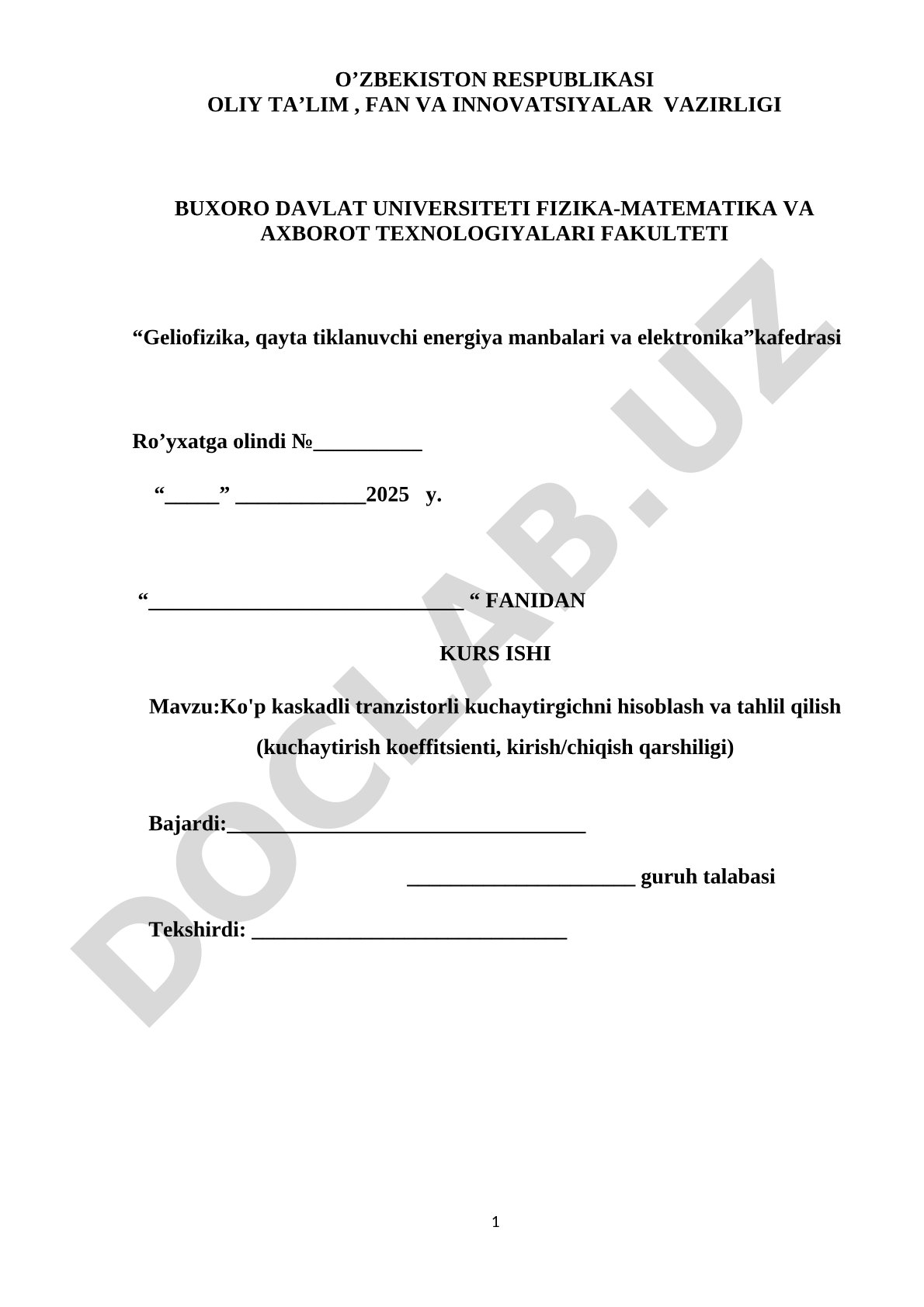 Ko'p kaskadli tranzistorli kuchaytirgichni hisoblash va tahlil qilish