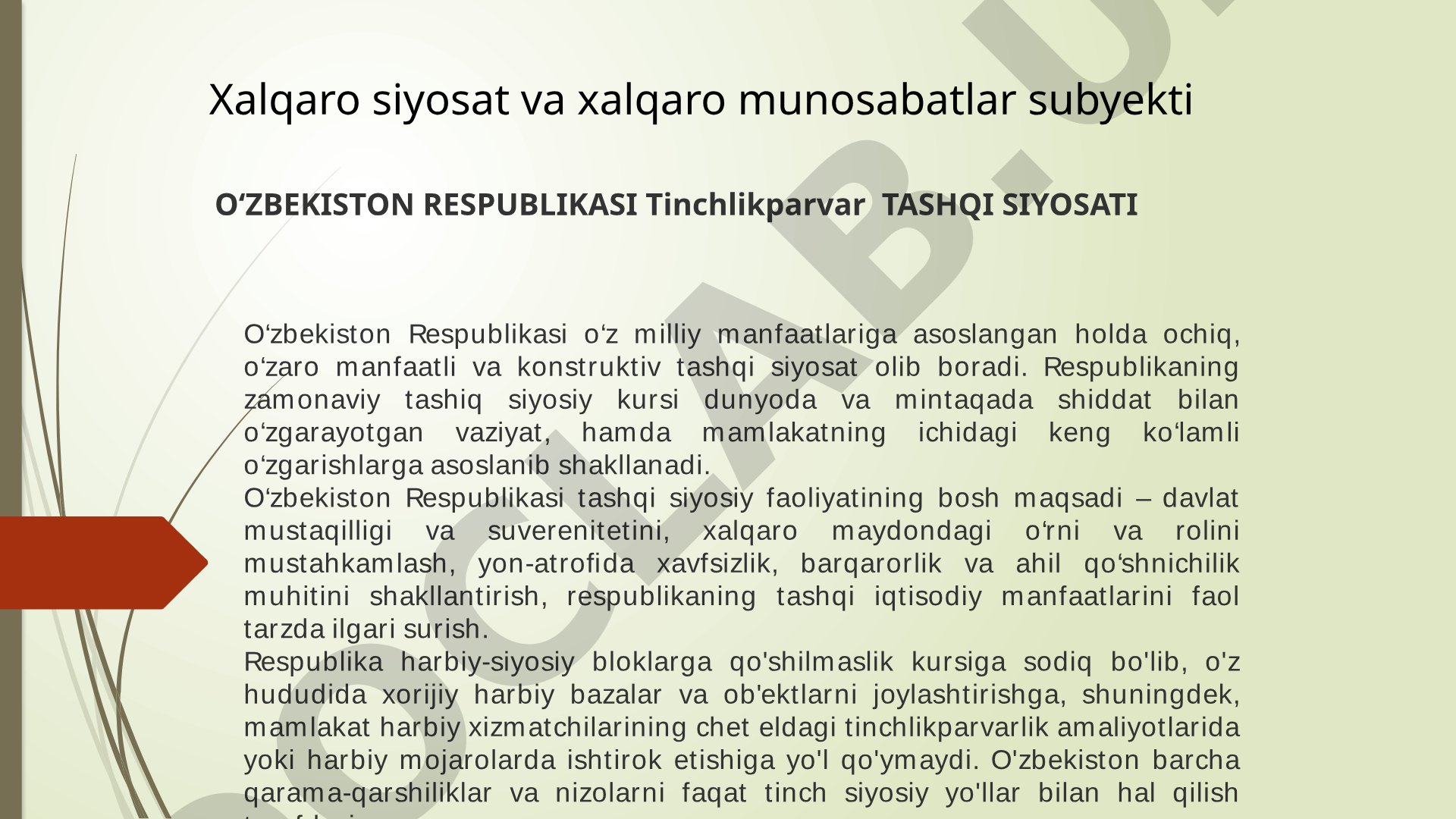 O'zbekistonning Tinchlikparvar Tashqi Siyosati