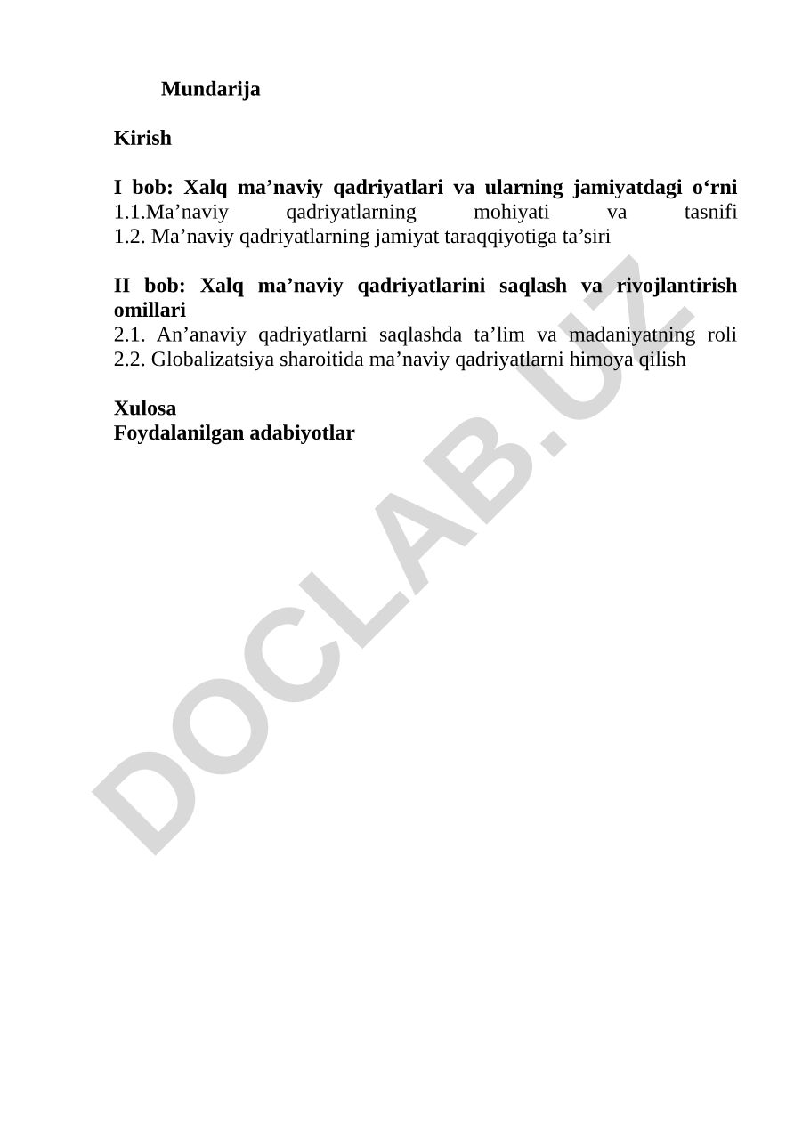 Xalq ma'naviy qadriyatlari va ularning jamiyatdagi o'rni