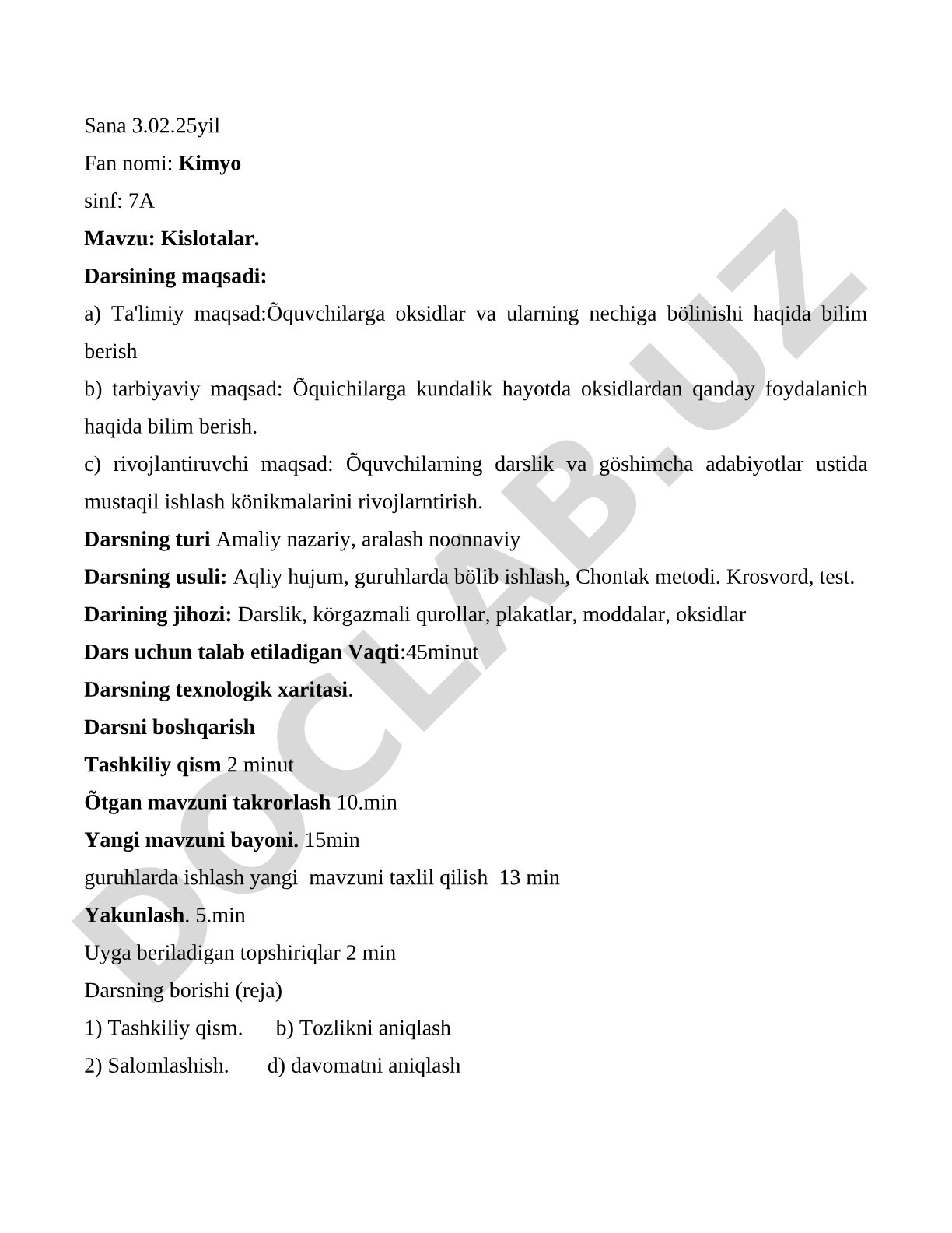 7-sinf Kimyo darsi: Kislotalar