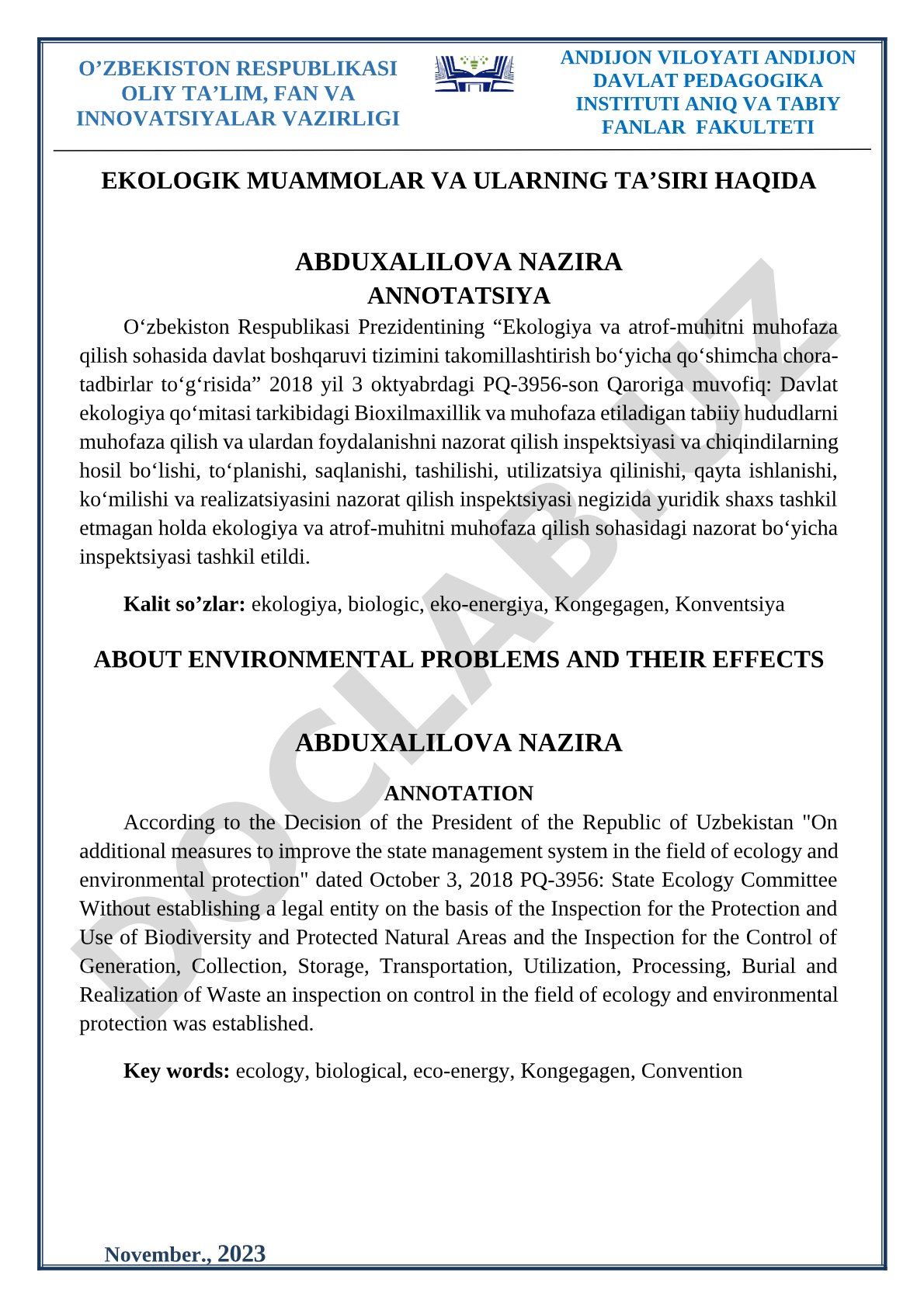 Ekologik Muammolar Annotatsiyasi