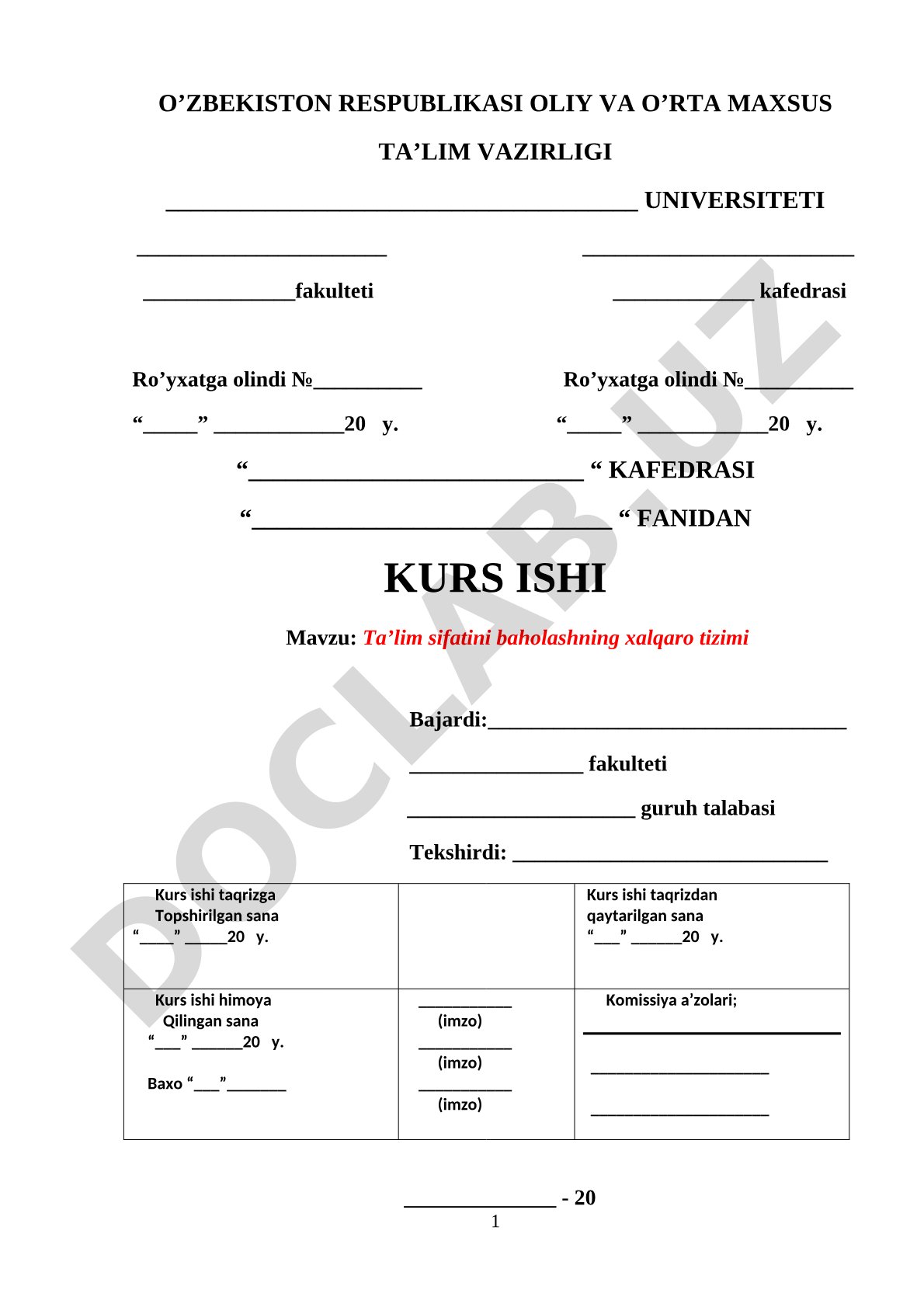 Ta'lim sifatini baholashning xalqaro tizimi kurs ishi