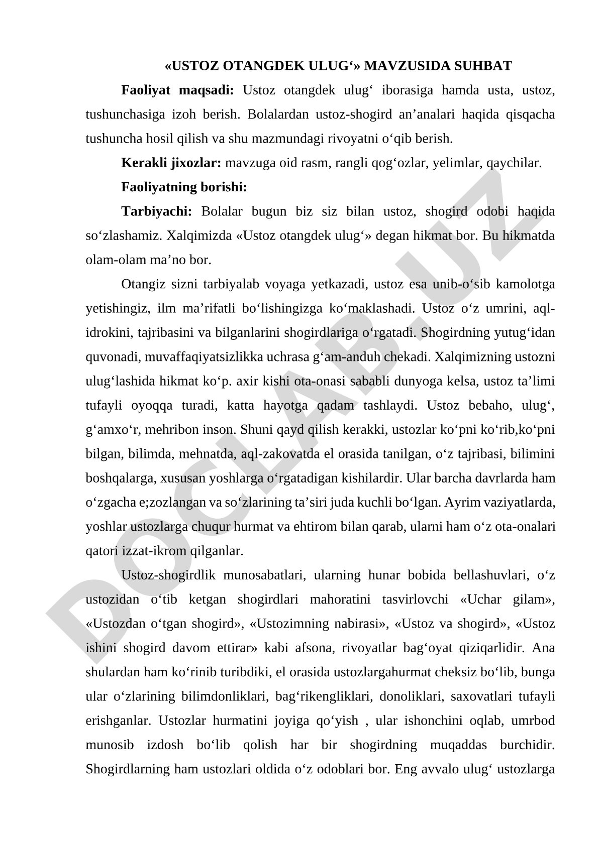 Ustoz-Shogird An'analari Dars Ishlanmasi