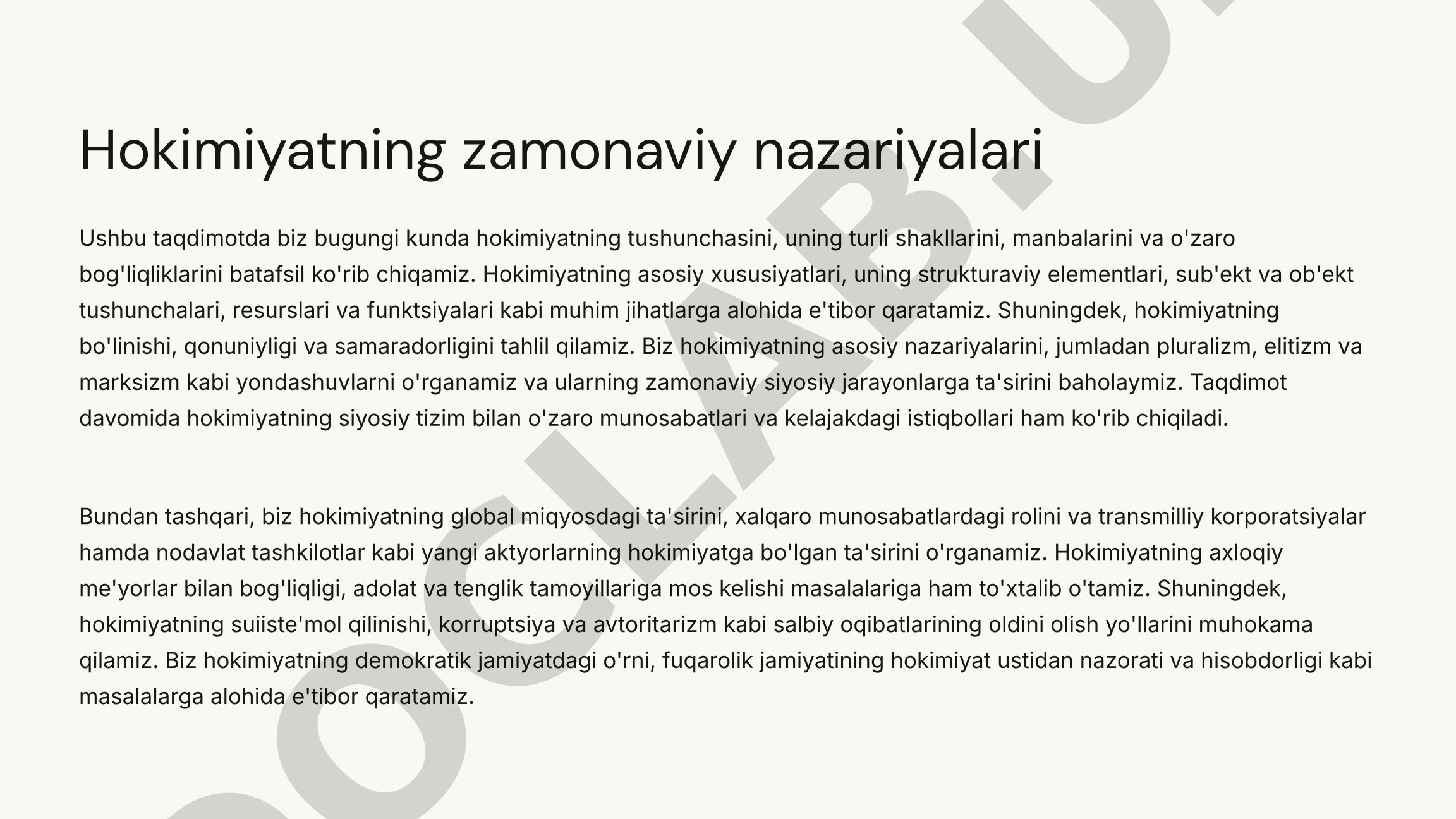 Hokimiyatning Zamonaviy Nazariyalari Taqdimoti