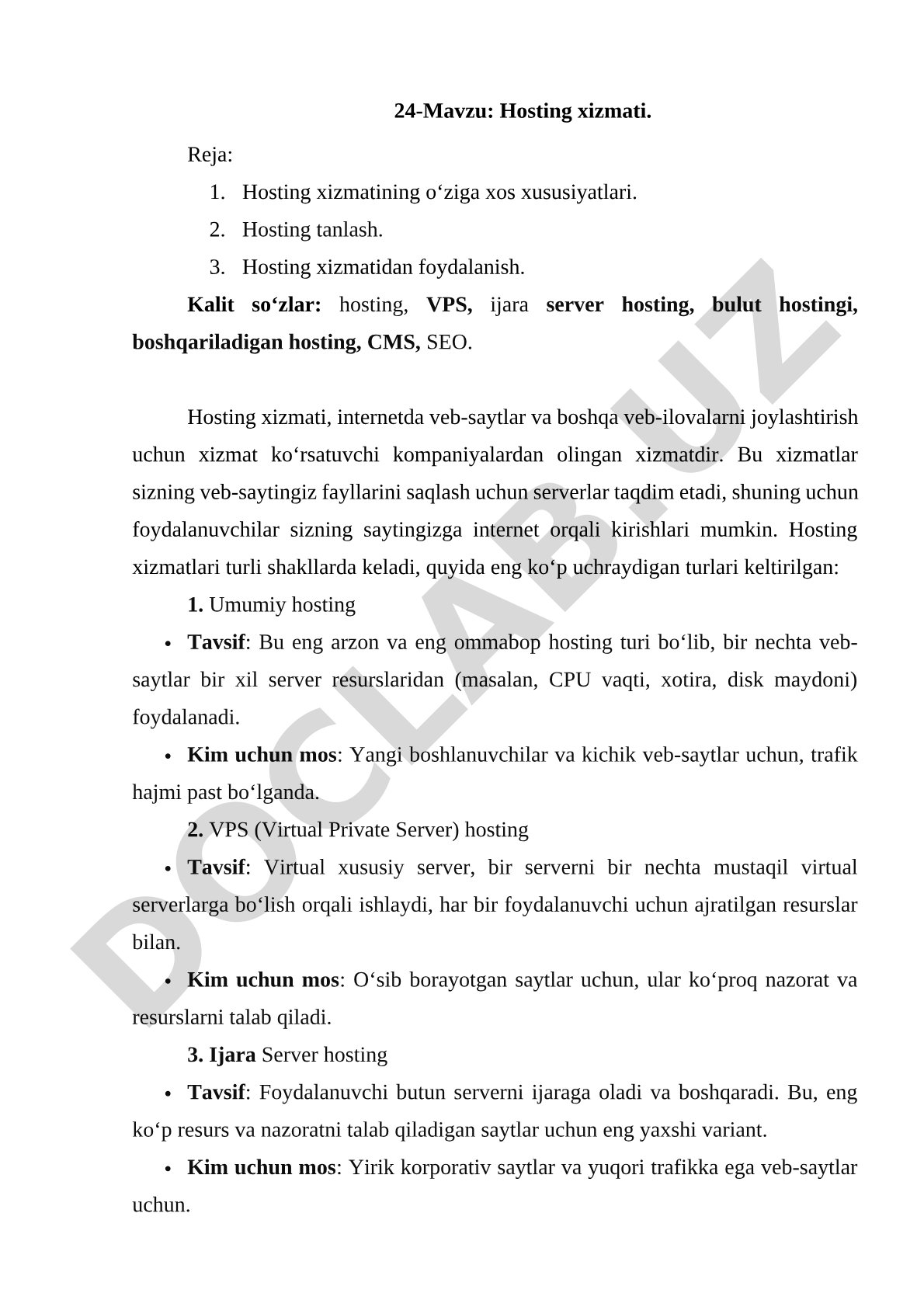 Hosting Xizmatlari Qo'llanmasi