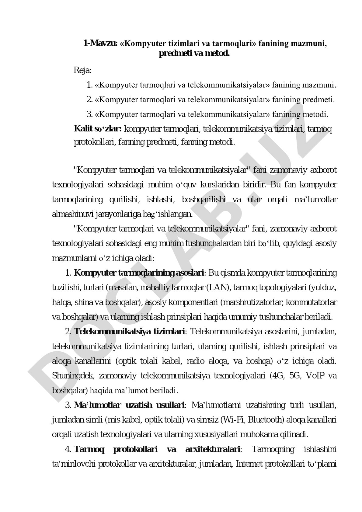 Kompyuter Tarmoqlari va Telekommunikatsiyalar Fanining Mazmuni