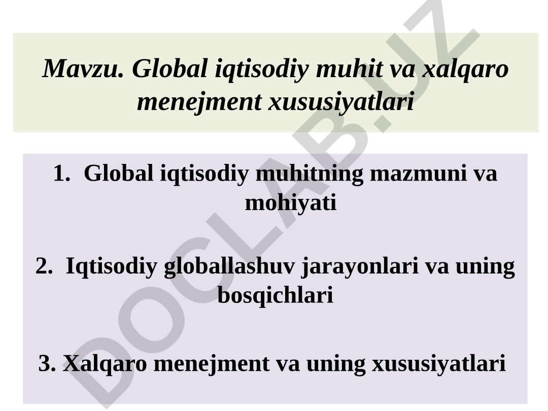 Global iqtisodiy muhit va xalqaro menejment xususiyatlari